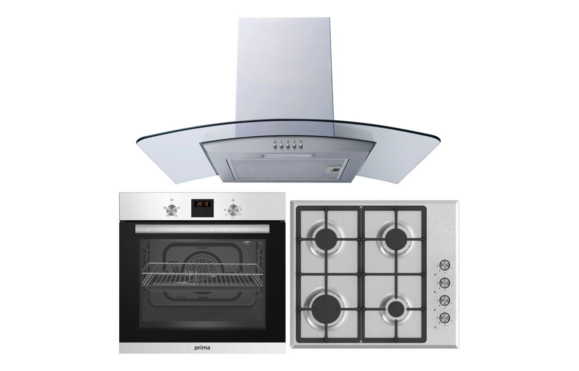 Prima Oven, Gas Hob & Curved Glass Chimney Hood Pack