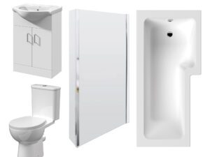 1700mm x 850mm Right Hand Square Shower Bath, Bath Screen, 550mm Vanity, Pan & Cistern