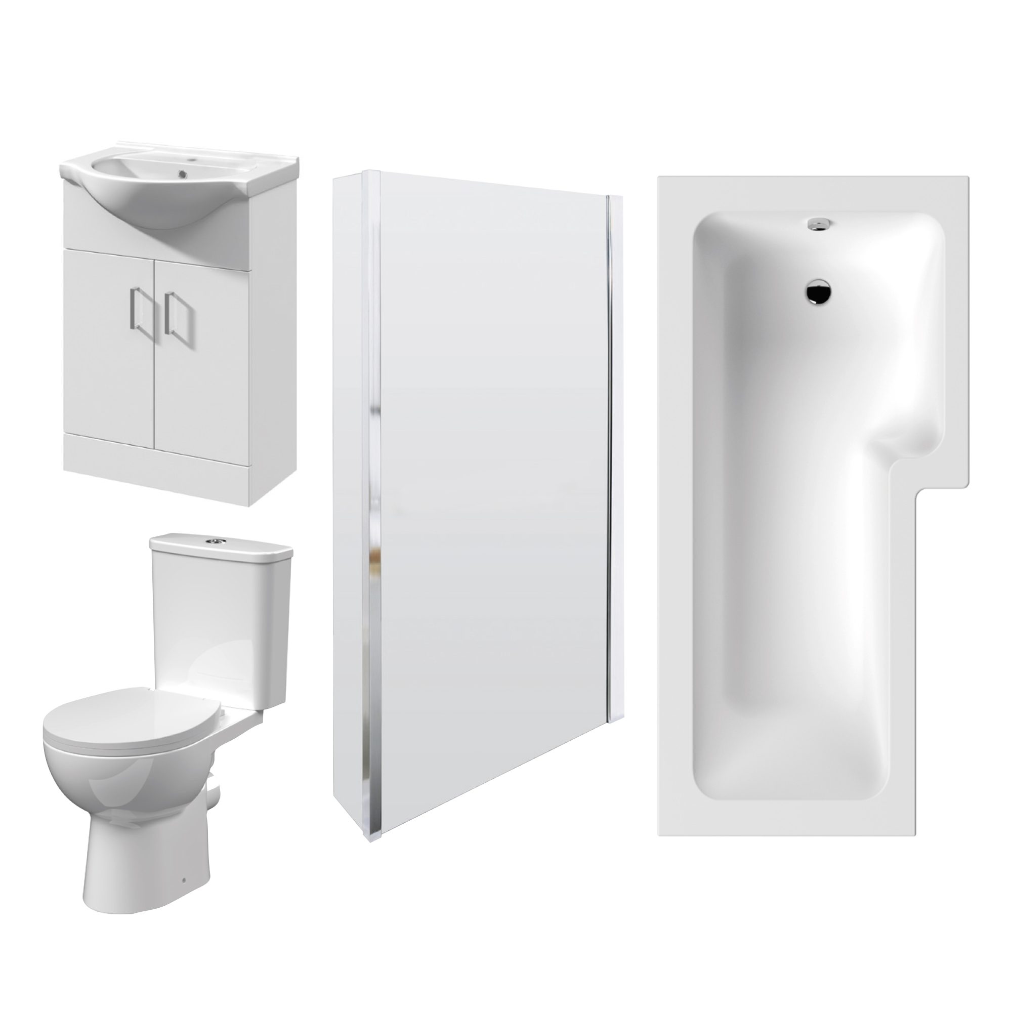 1700mm x 850mm Right Hand Square Shower Bath, Bath Screen, 550mm Vanity, Pan & Cistern