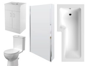1700mm x 850mm Left Hand Square Shower Bath, Bath Screen, 500mm Vanity, Pan & Cistern
