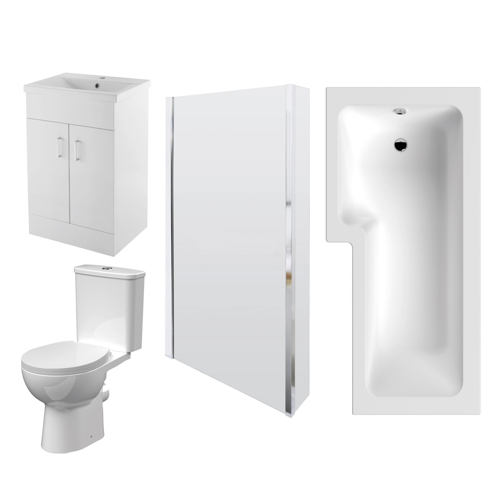 1700mm x 850mm Left Hand Square Shower Bath, Bath Screen, 500mm Vanity, Pan & Cistern