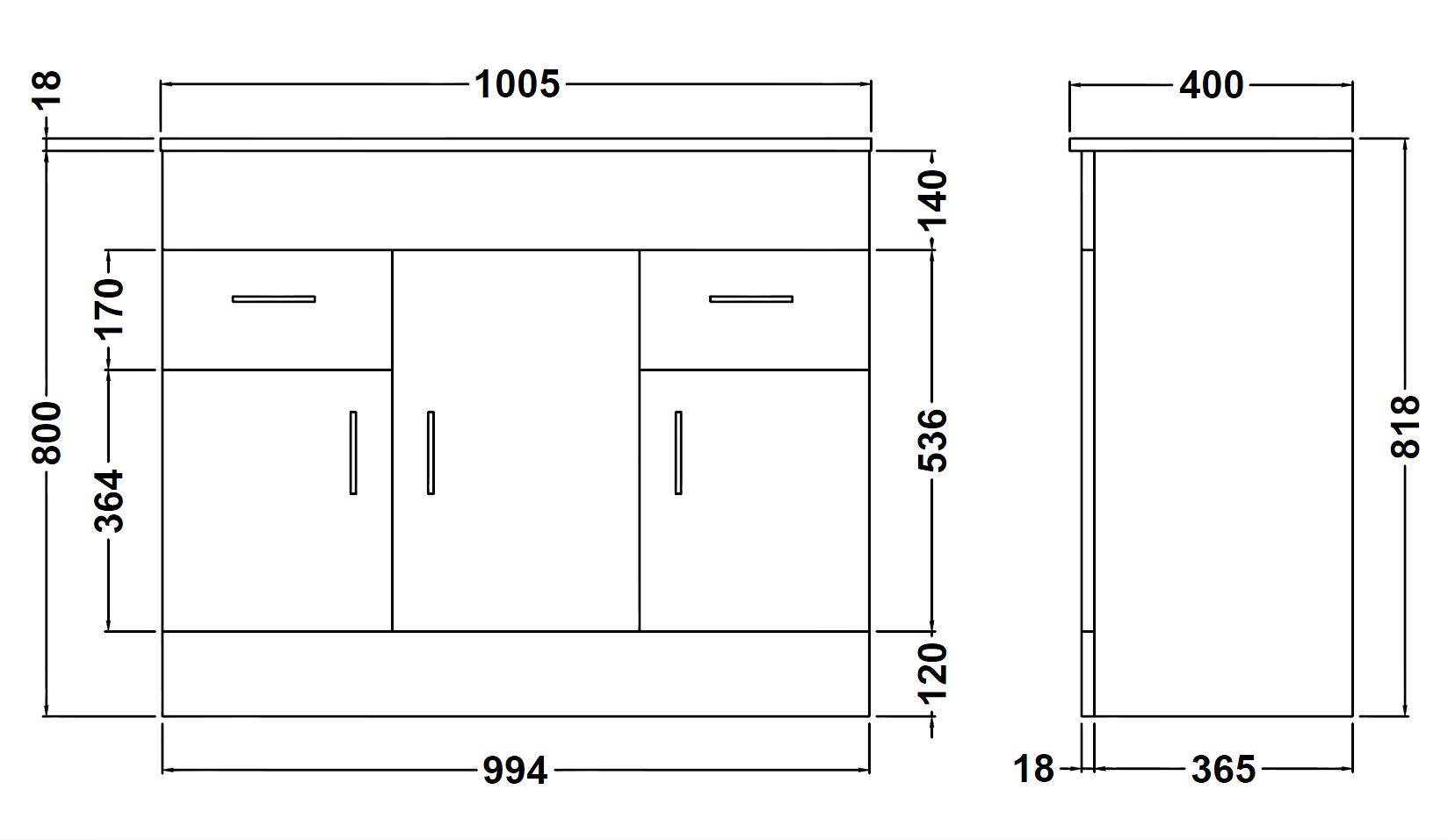 Eden Floor Standing 3 Door 2 Drawer Vanity Unit with Mid-Edge Basin 1000mm - Image 3