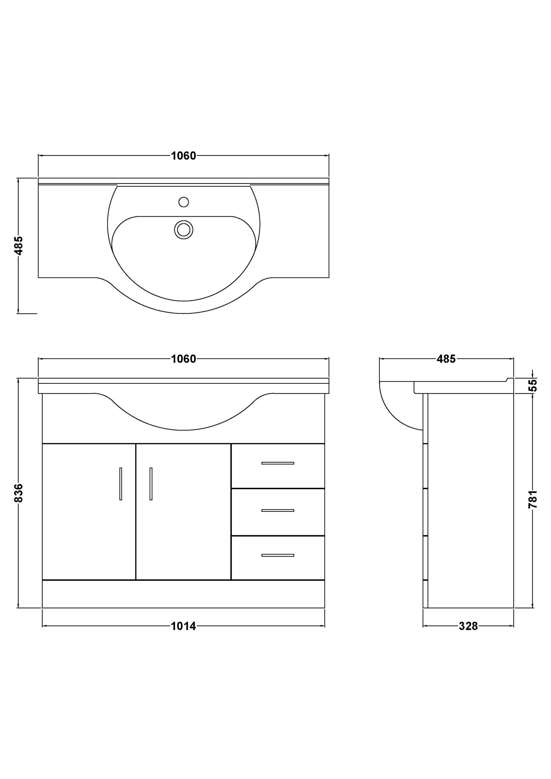 Mayford Floor Standing 2 Door 3 Drawer Vanity Unit with Round Basin 1050mm - Image 2