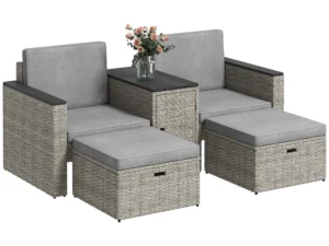5 Piece Rattan Garden Furniture Set, Nesting Outdoor Furniture Conversation Set with 2 Footstools, WPC Storage Coffee Table and Cushions, Wicker Garden Sofa for Conservatory, Terrace, Grey
