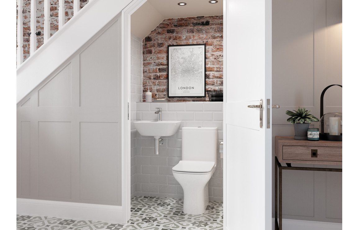 Cedarwood Rimless Short Projection Close Coupled Open Back WC & Wrapover Soft Close Seat - Image 2