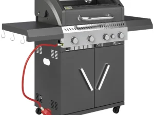 4+1 Burner Gas BBQ Grill with Clear View Lid, Portable Gas Barbecue Grill with Built-in Thermometer, Side Table, Cabinet, Wheels, Grease Tray for Garden Party Outdoor Cooking, Black