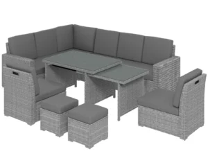 Seven-Piece Rattan Garden Sofa Set, with Expanding Table - Light Grey