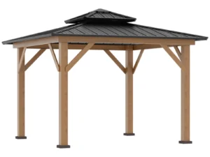 3.5 x 3.5m Outdoor Hardtop Gazebo Canopy with Two-tier Metal Roof and Solid Wood Frame Outdoor Patio Shelter for Patio, Garden, Grey