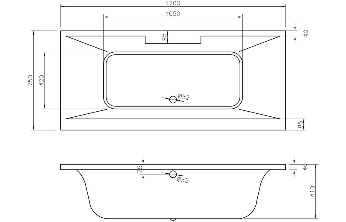 Malone Deluxe Square Double End 1700x750x550mm 0TH Bath w/Legs - Image 3