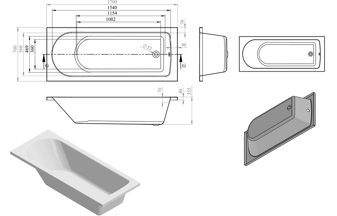 Pierson D Shape Single End 1700x700x550mm 2TH Bath w/Legs - Image 2