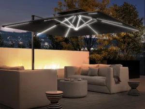 3(m) Garden Cantilever Parasol with Solar LED Lights, Cross Base, 360° Rotation, Crank Handle and Tilt, Grey