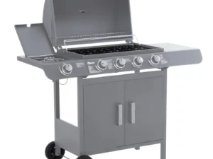4+1 Burner Gas BBQ Grill, Outdoor Barbecue Trolley with Wheels, Warming Rack, Side Shelves, Cabinet, Thermometer for Garden, Party, Camping, 125 L x 51 W x 100 H cm, Grey