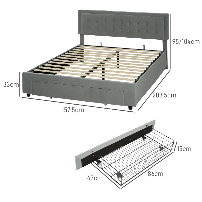King Size Ottoman Bed Frame, with Front Drawer - Grey - Image 2