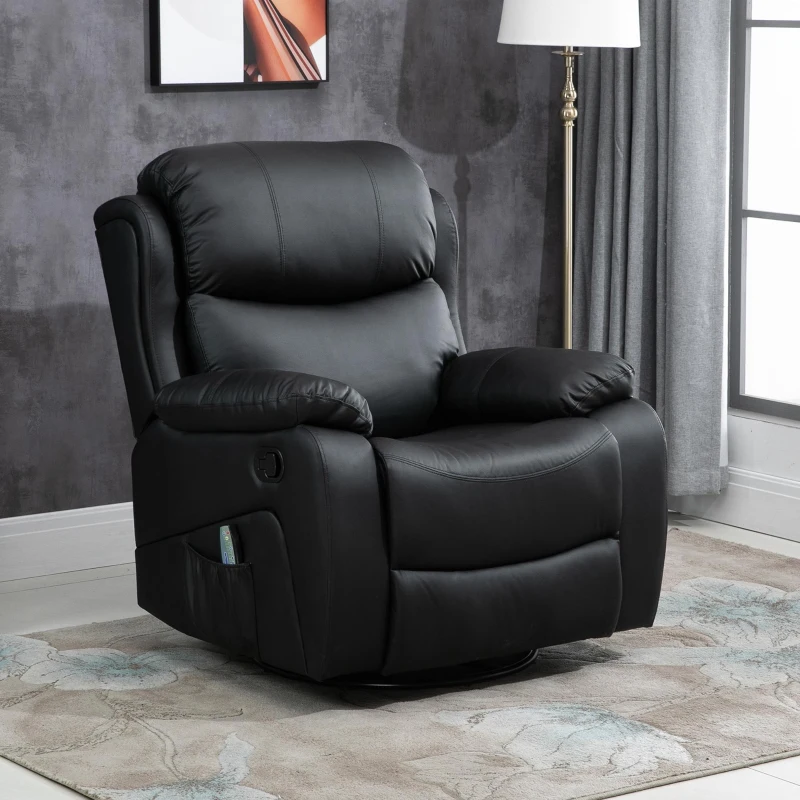 PU Leather Reclining Chair with 8 Massage Points and Heat, Manual Recliner with Swivel Base, Footrest and Remote, Black - Image 2