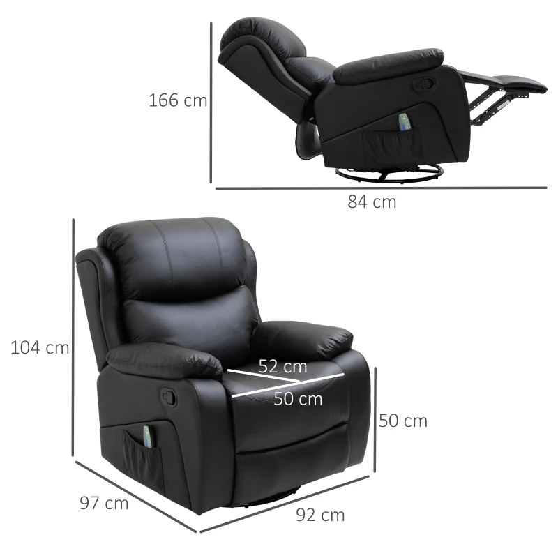 PU Leather Reclining Chair with 8 Massage Points and Heat, Manual Recliner with Swivel Base, Footrest and Remote, Black - Image 3