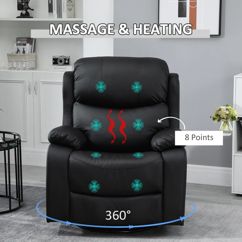 PU Leather Reclining Chair with 8 Massage Points and Heat, Manual Recliner with Swivel Base, Footrest and Remote, Black - Image 4