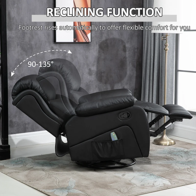PU Leather Reclining Chair with 8 Massage Points and Heat, Manual Recliner with Swivel Base, Footrest and Remote, Black - Image 5