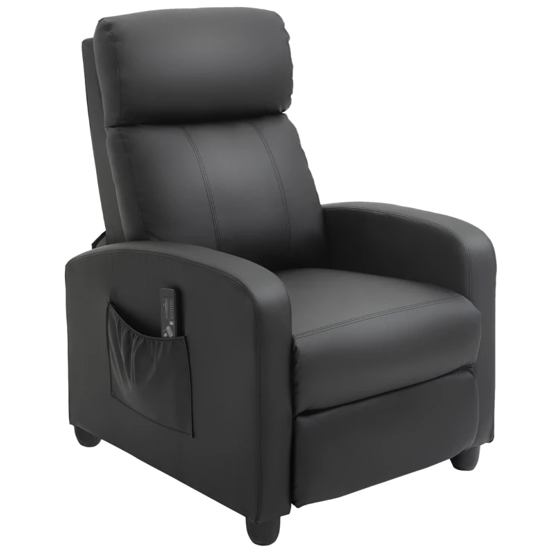 Recliner Armchair, Massage Faux Leather Push Back Reclining Chair with Adjustable Leg Rest, Side Pocket, for Home Living Room Theatre, Black
