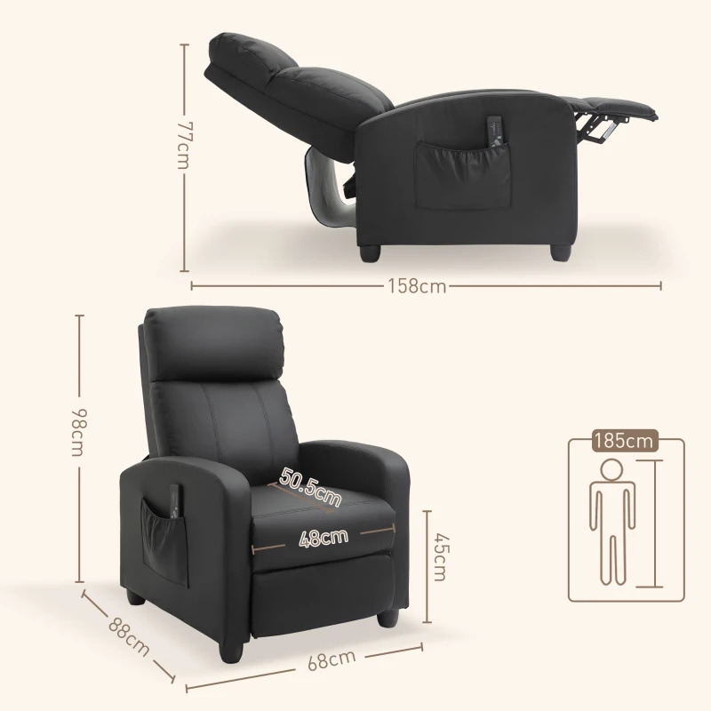 Recliner Armchair, Massage Faux Leather Push Back Reclining Chair with Adjustable Leg Rest, Side Pocket, for Home Living Room Theatre, Black - Image 2