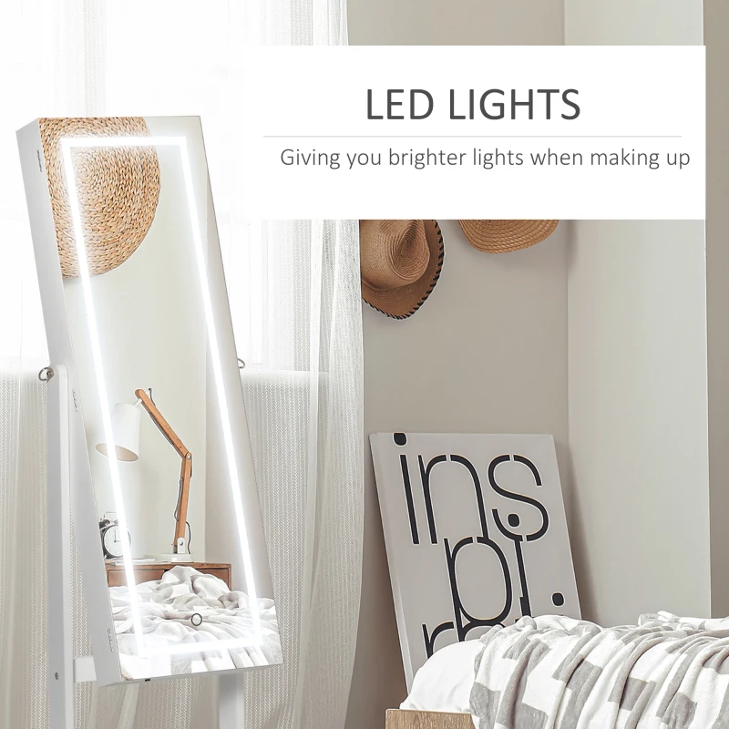 Jewellery Cabinet with LED Light, Lockable Jewellery Organiser with Full-Length Mirror for Bedroom Dressing Room, White - Image 4