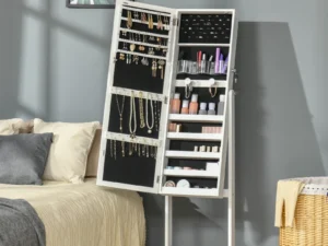 Jewellery Cabinet with LED Light, Lockable Jewellery Organiser with Full-Length Mirror for Bedroom Dressing Room, White