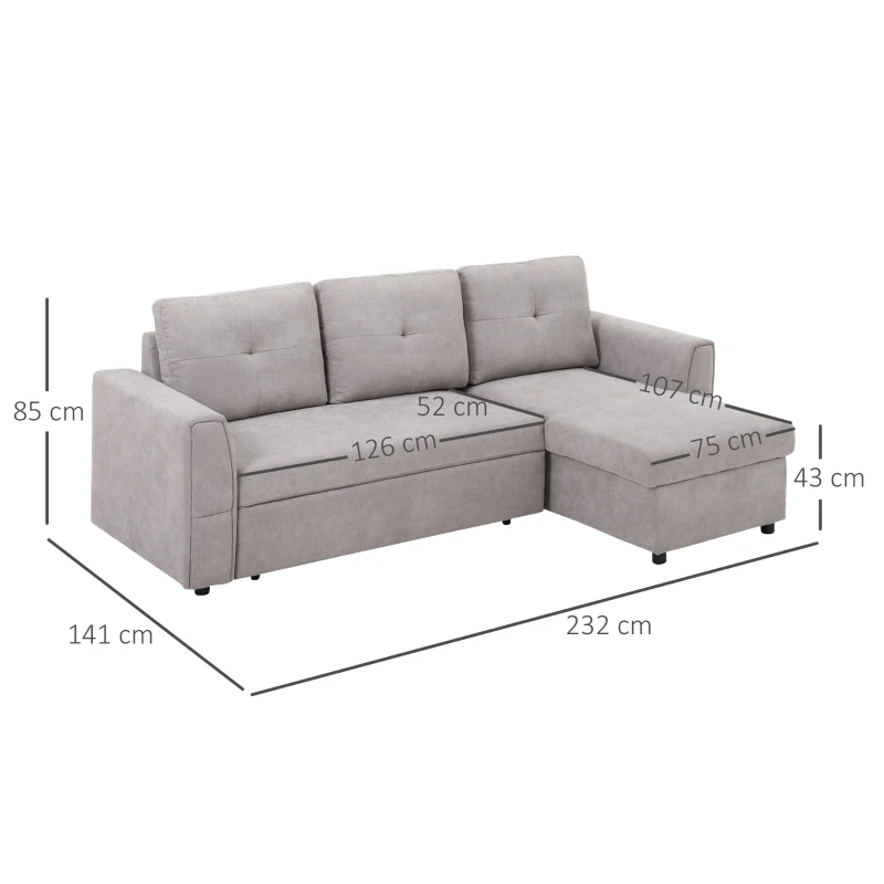 Linen-Look 'L' Storage Sofa Bed - Light Grey - Image 3