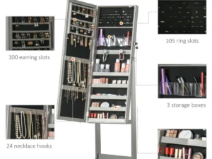 Jewellery Cabinet with LED Light, Lockable Jewellery Organiser with Full-Length Mirror for Bedroom Dressing Room, Grey