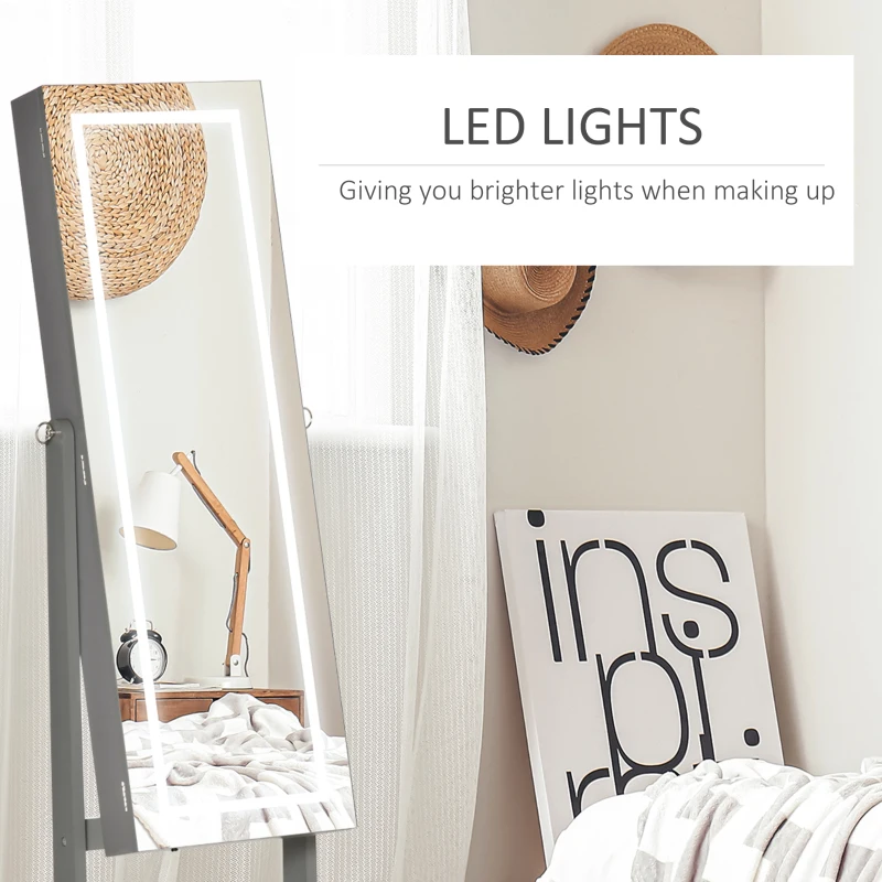 Jewellery Cabinet with LED Light, Lockable Jewellery Organiser with Full-Length Mirror for Bedroom Dressing Room, Grey - Image 2