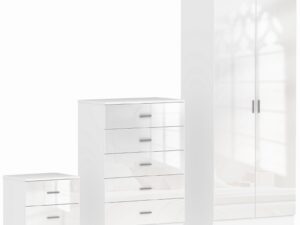 High Gloss 3 Piece Trio Bedroom Furniture Set Wardrobe + Chest Of Drawer + Bedside White