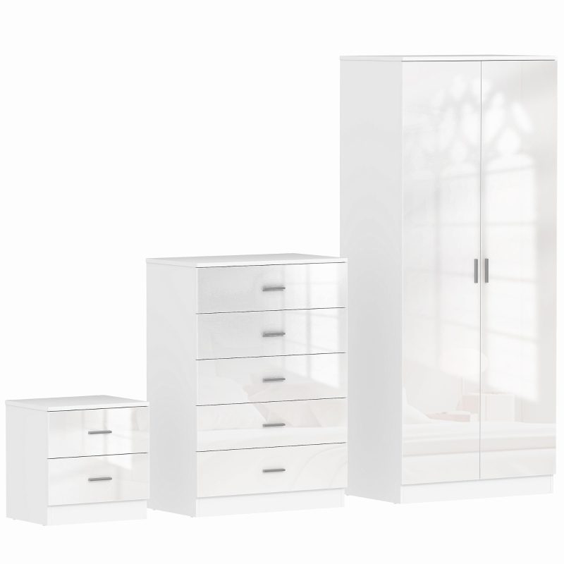 High Gloss 3 Piece Trio Bedroom Furniture Set Wardrobe + Chest Of Drawer + Bedside White