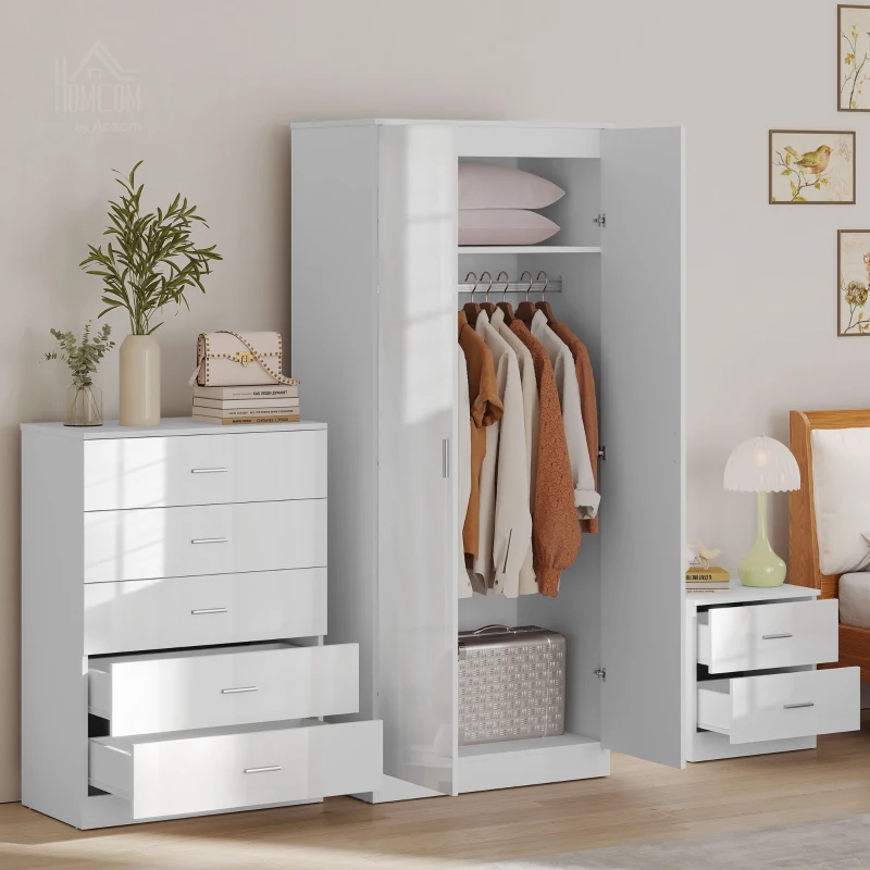 High Gloss 3 Piece Trio Bedroom Furniture Set Wardrobe + Chest Of Drawer + Bedside White - Image 2