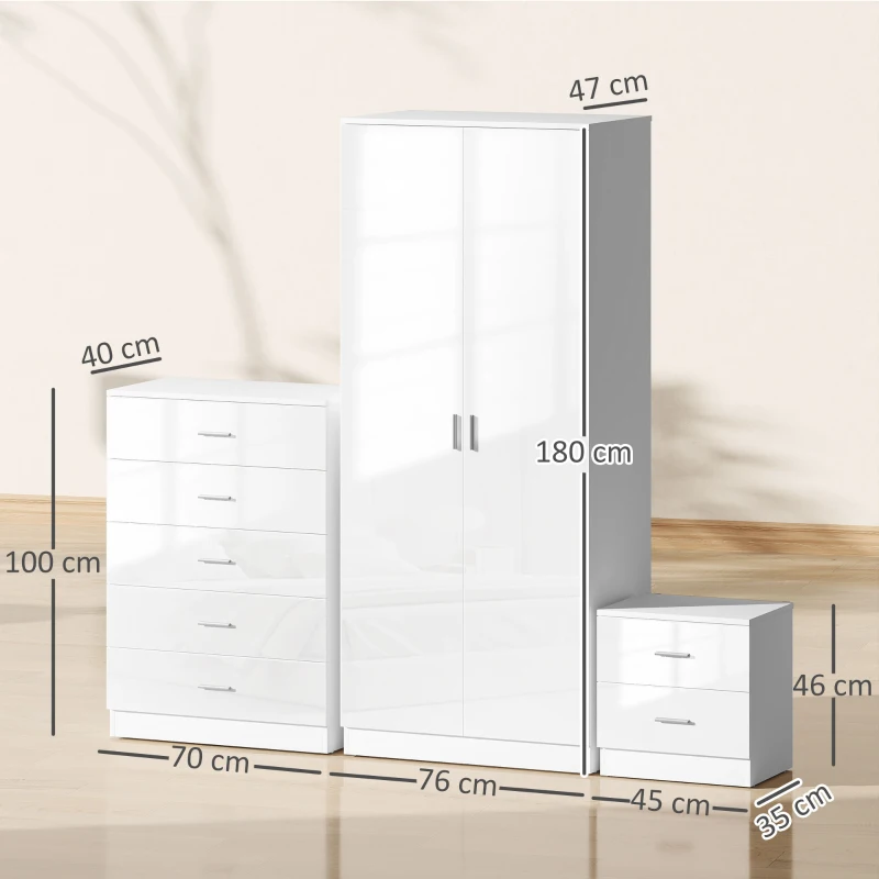High Gloss 3 Piece Trio Bedroom Furniture Set Wardrobe + Chest Of Drawer + Bedside White - Image 3