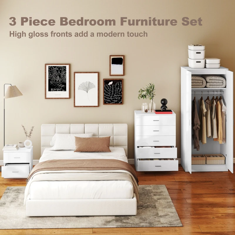 High Gloss 3 Piece Trio Bedroom Furniture Set Wardrobe + Chest Of Drawer + Bedside White - Image 4