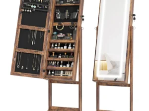 Jewellery Cabinet with LED Light, Lockable Jewellery Organiser with Full-Length Mirror for Bedroom Dressing Room, Rustic Brown