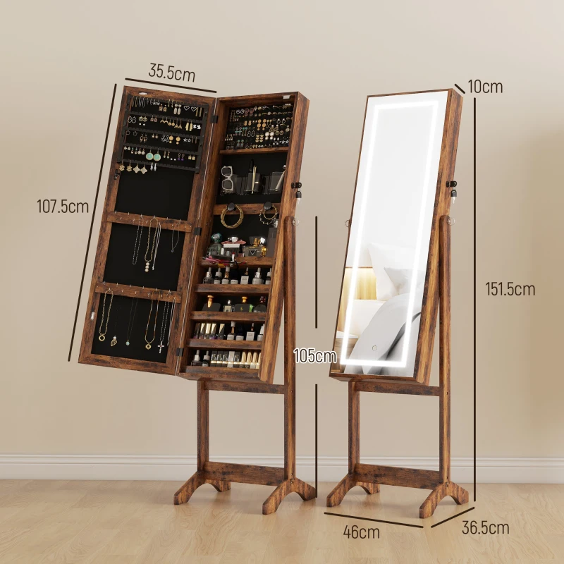 Jewellery Cabinet with LED Light, Lockable Jewellery Organiser with Full-Length Mirror for Bedroom Dressing Room, Rustic Brown - Image 3