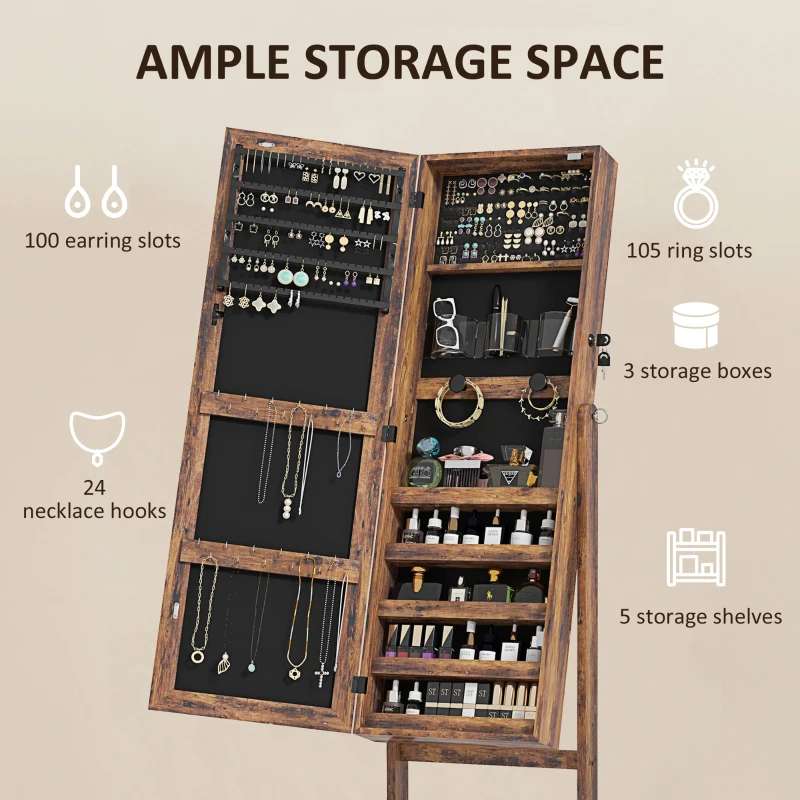 Jewellery Cabinet with LED Light, Lockable Jewellery Organiser with Full-Length Mirror for Bedroom Dressing Room, Rustic Brown - Image 4