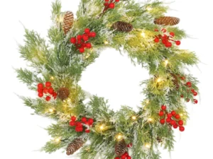 60 cm Prelit Christmas Wreath, Door Wreath with Realistic Branches, 30 Warm White LEDs, Timer, Battery Operated