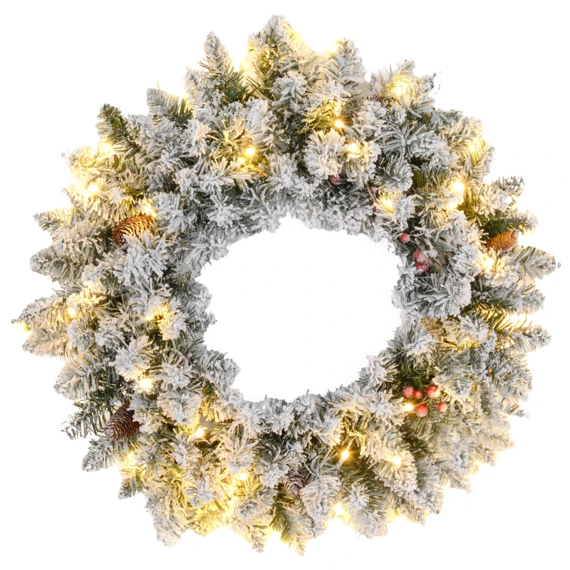 60" Snowy Pine Cone and Berry Christmas Wreath, with LED Lights