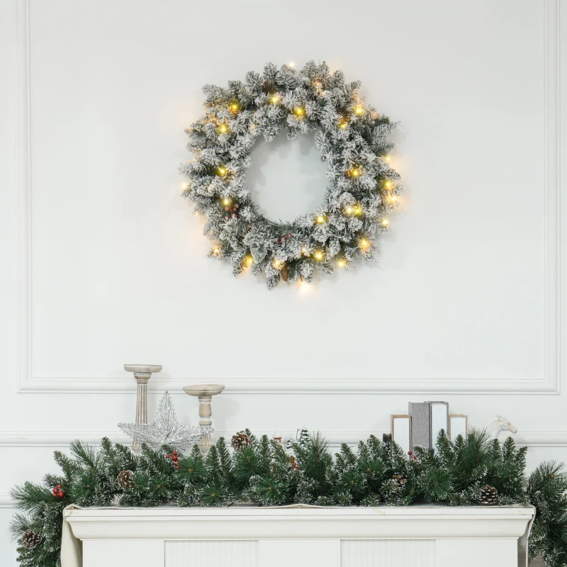 60" Snowy Pine Cone and Berry Christmas Wreath, with LED Lights - Image 2