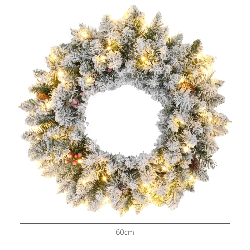 60" Snowy Pine Cone and Berry Christmas Wreath, with LED Lights - Image 3