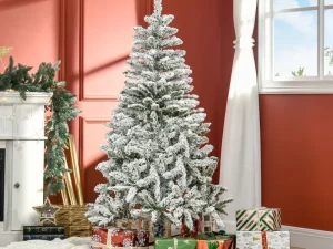 5 Ft Snow Flocked Artificial Christmas Tree Xmas Pine Tree with Realistic Branches, Auto Open and Steel Base, Green