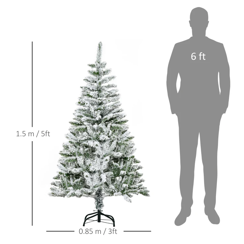 5 Ft Snow Flocked Artificial Christmas Tree Xmas Pine Tree with Realistic Branches, Auto Open and Steel Base, Green - Image 2