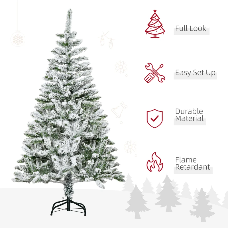 5 Ft Snow Flocked Artificial Christmas Tree Xmas Pine Tree with Realistic Branches, Auto Open and Steel Base, Green - Image 4