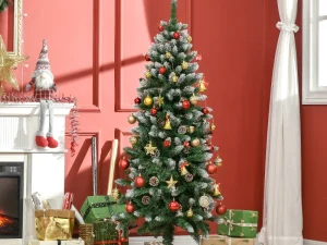 5 Ft Snow Artificial Christmas Tree with Realistic Branches, Pine Cone, for Indoor Decoration, Green White