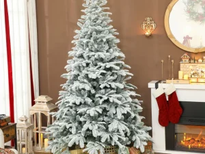 7 ft Artificial Flocked Christmas Tree with 1867 Branches, Hinged Xmas Tree with Foldable Metal Stand, Easy Assembly for Home Office Decor