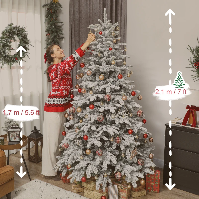 7 ft Artificial Flocked Christmas Tree with 1867 Branches, Hinged Xmas Tree with Foldable Metal Stand, Easy Assembly for Home Office Decor - Image 2