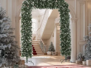 8.2 ft Snow Frosted Christmas Tree Arch, Christmas Arch Doorway Decor with 1800 Tips and 91 Pinecones, Artificial Xmas Tree with Metal Stand for Indoor, Green