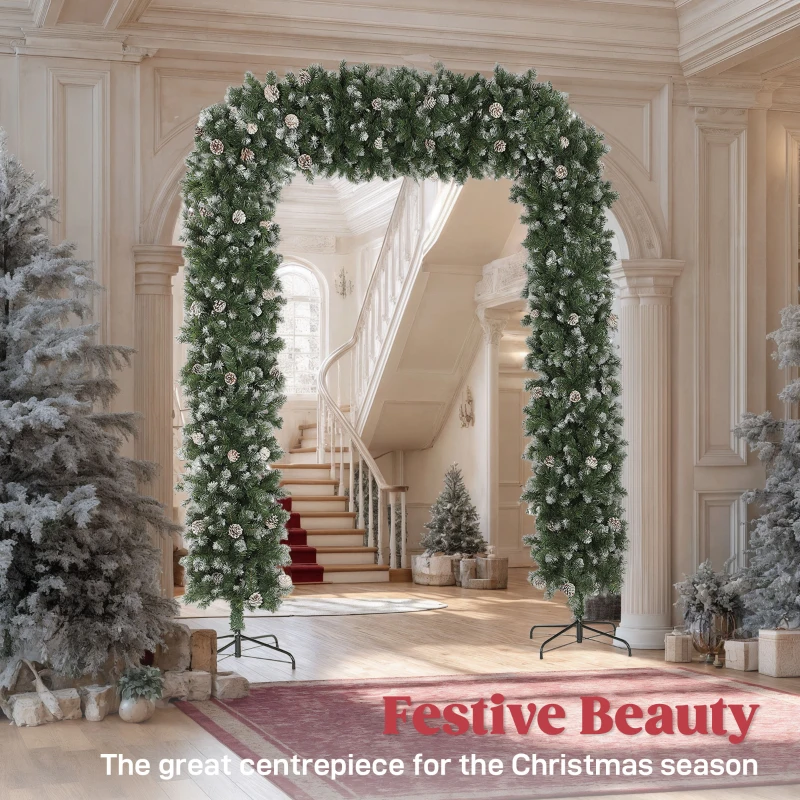 8.2 ft Snow Frosted Christmas Tree Arch, Christmas Arch Doorway Decor with 1800 Tips and 91 Pinecones, Artificial Xmas Tree with Metal Stand for Indoor, Green