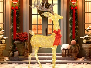 Lighted Reindeer Christmas Decoration, Light Up Christmas Deer with 137 LED Lights for Indoor, Outdoor, Garden, Lawn, Gold Tone