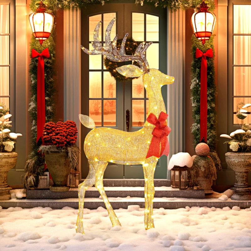 Lighted Reindeer Christmas Decoration, Light Up Christmas Deer with 137 LED Lights for Indoor, Outdoor, Garden, Lawn, Gold Tone
